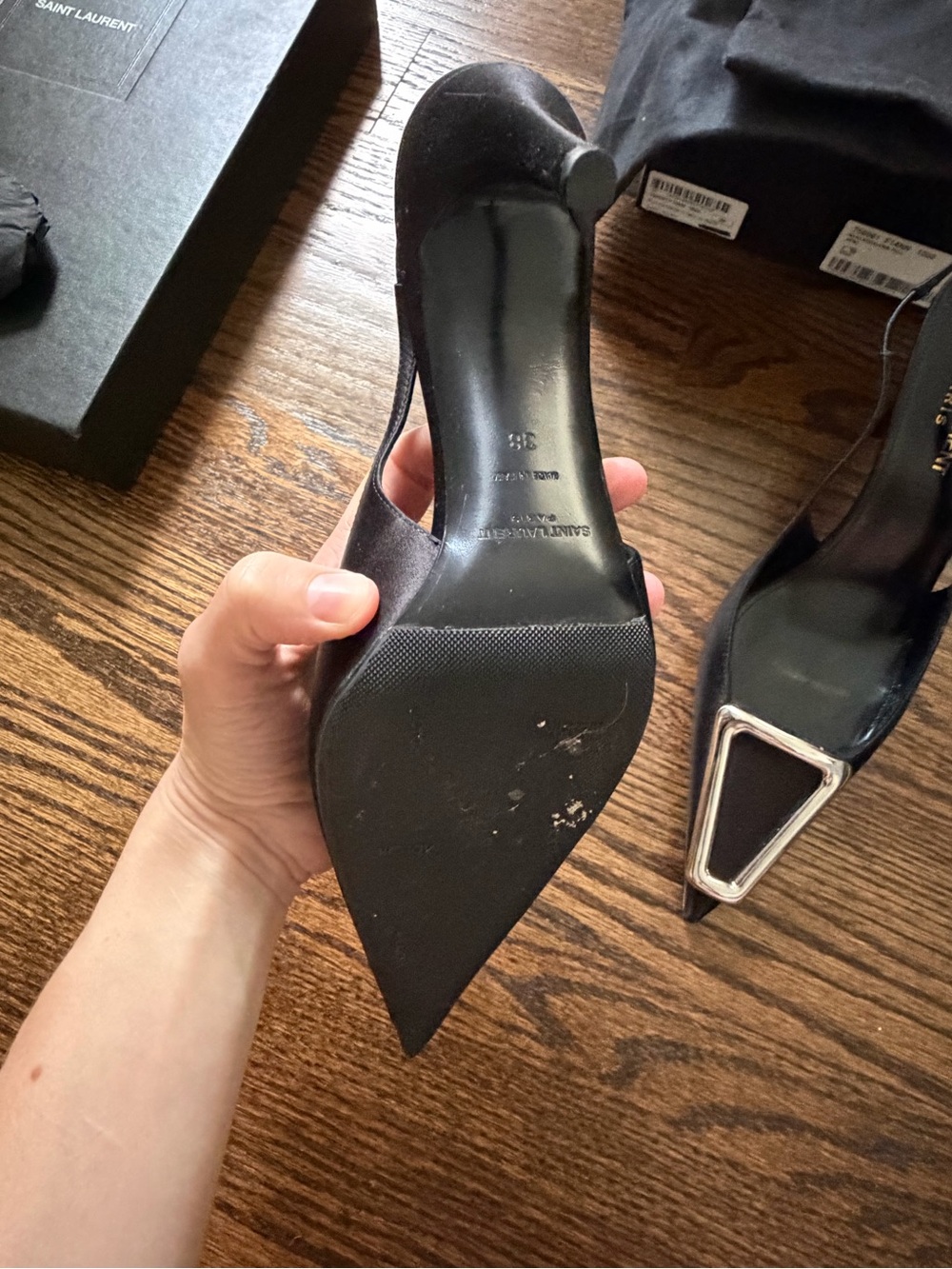 Saint Laurent Black Pointed Slingback Pumps with Silver Trim - Picture 5 of 15